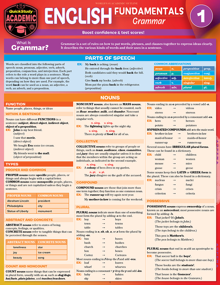 QuickStudy | English Fundamentals 1: Grammar Laminated Study Guide